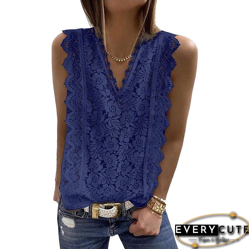 V Neck Ruffled Lace Hollow Shirt