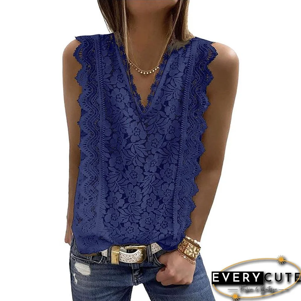 V Neck Ruffled Lace Hollow Shirt