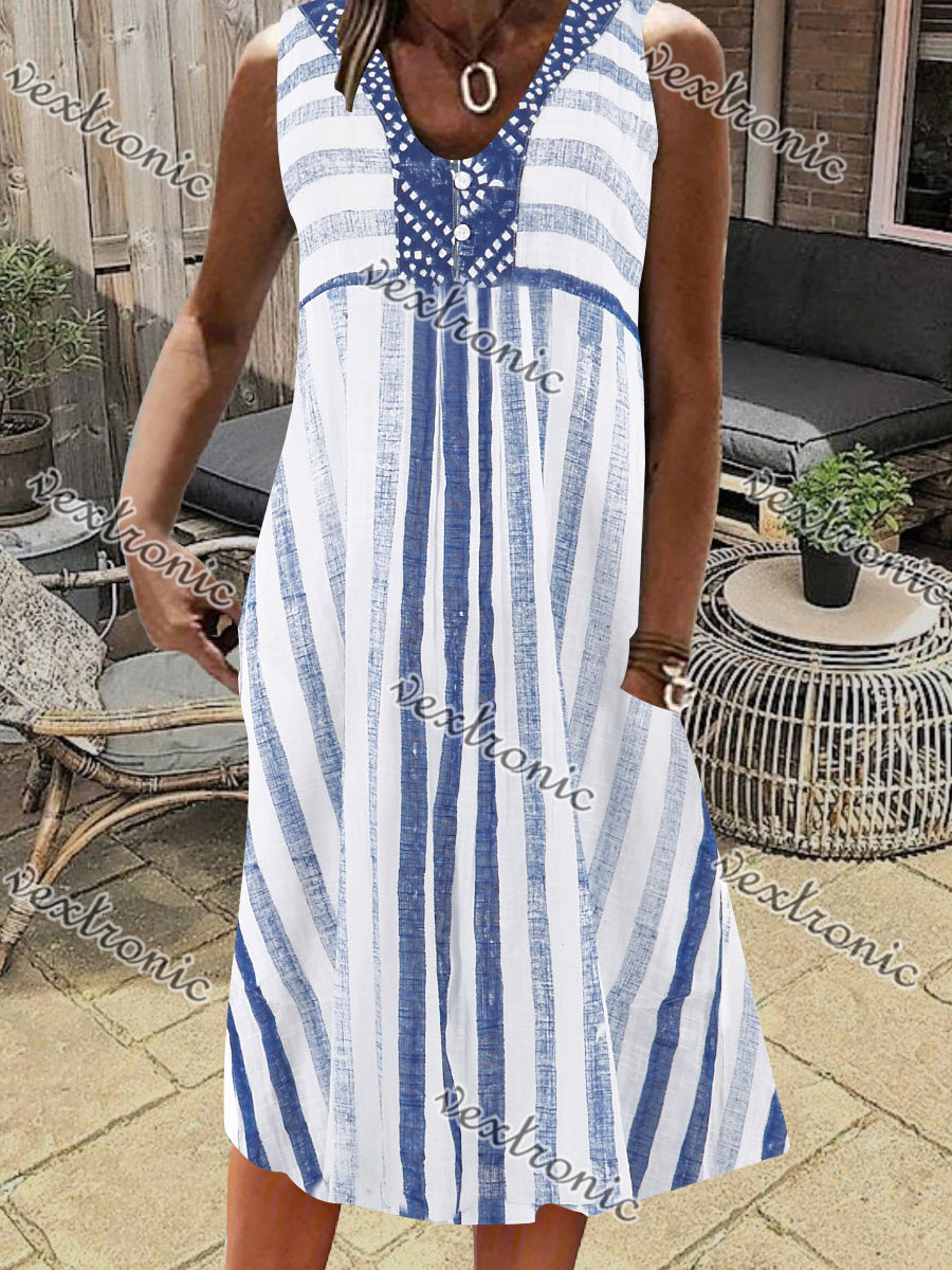 Women's Blue and White Sleeveless V-neck Graphic Striped Midi Dress