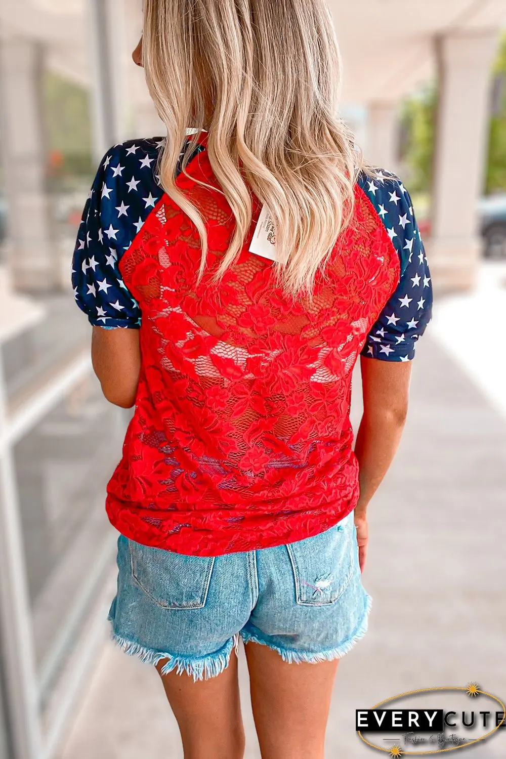 Red Lace Overlay Contrast Star Sleeve Flag Day T Shirt