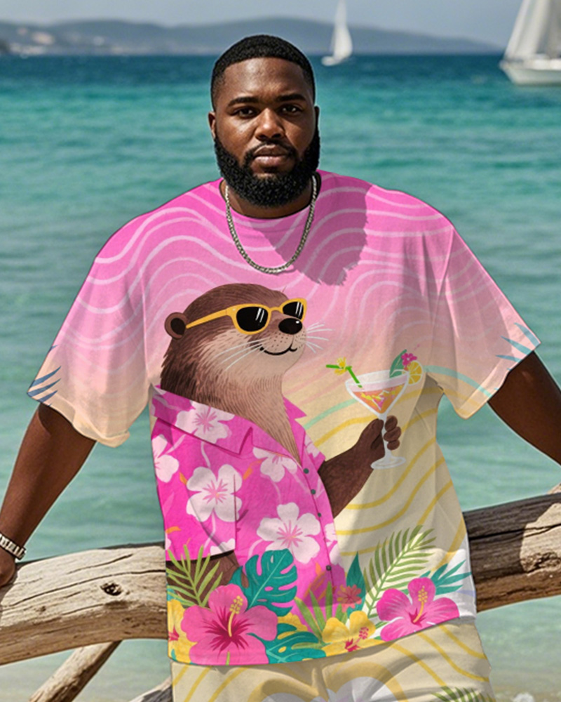 Men's Plus Size Hawaiian Pink Otter Drinking Cocktail Print Short Sleeve T-Shirt Shorts Suit