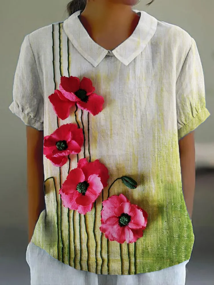 Classy Poppy Flowers 3D Oil Painting Linen Blend Tunic