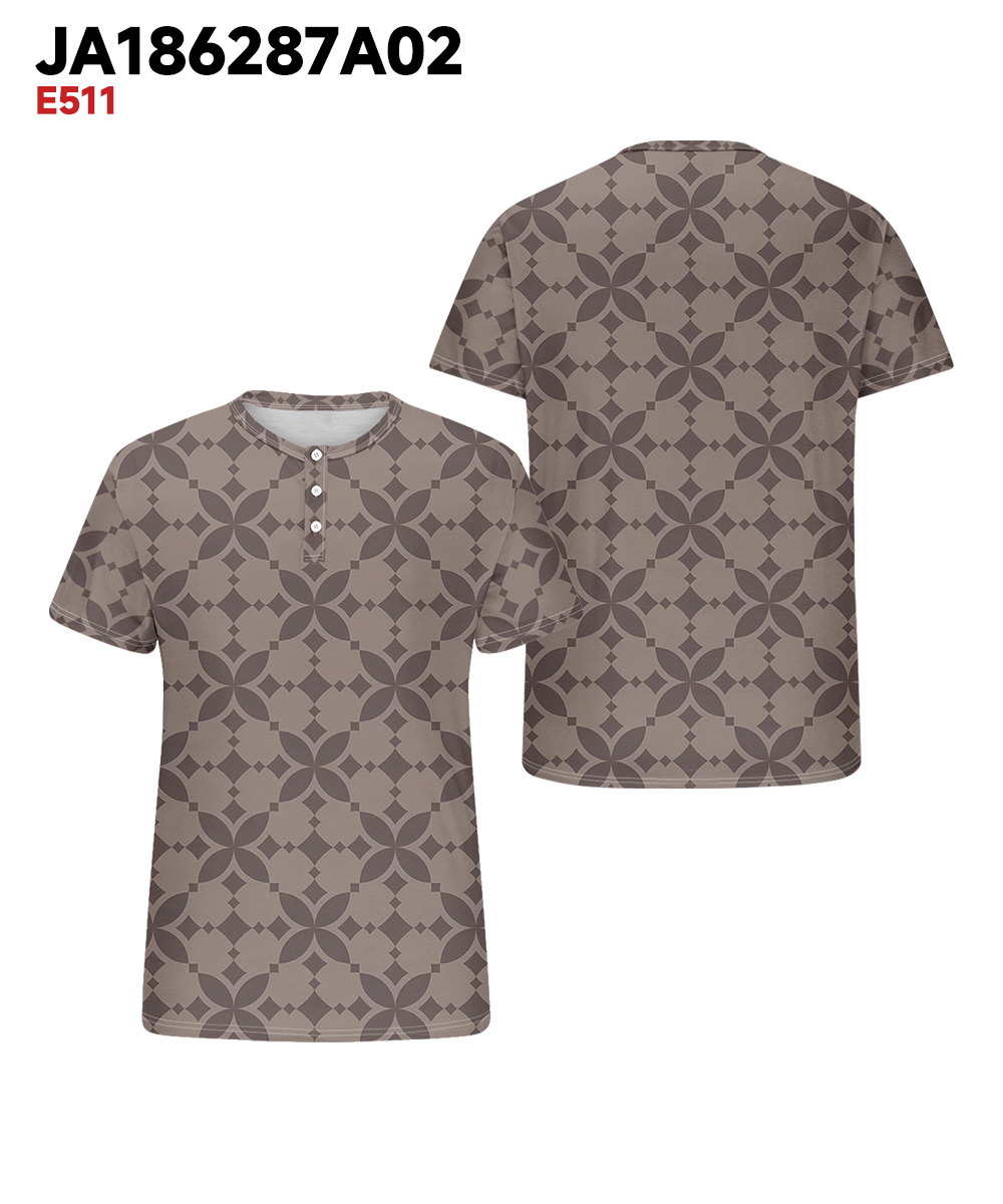 Men's Plus Size Daily Casual Brown Diamond Geometric Print Henley Collar Button Short Sleeve Tee