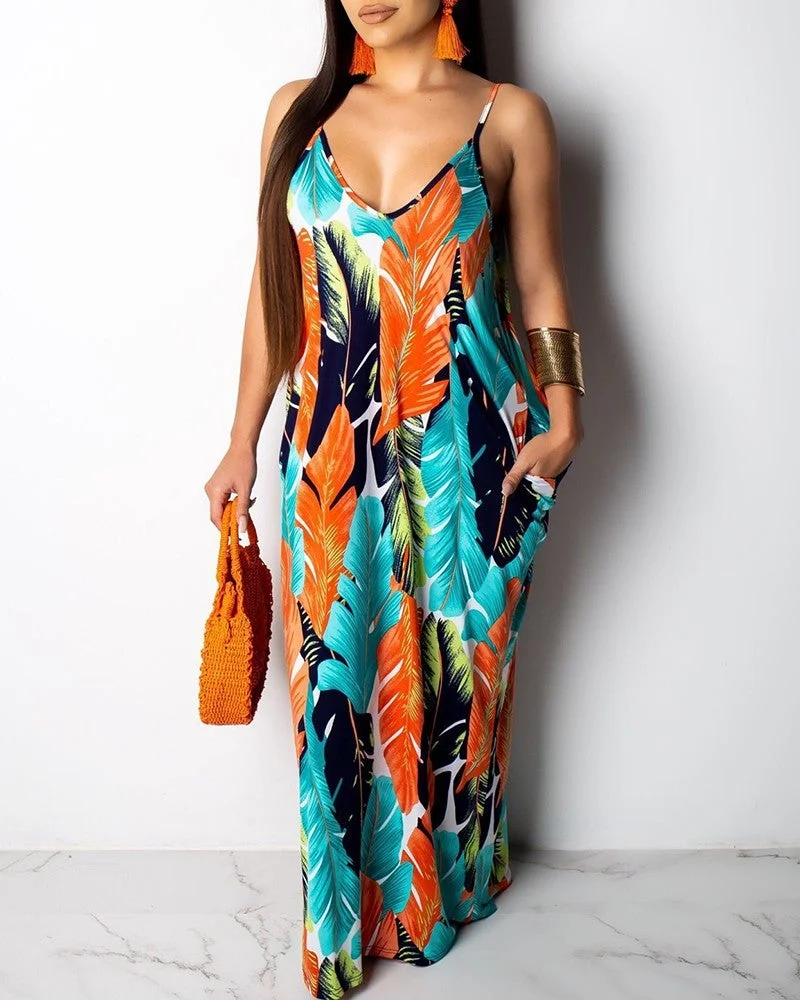 Leaf Print Pocket Design Maxi Dress | EGEMISS