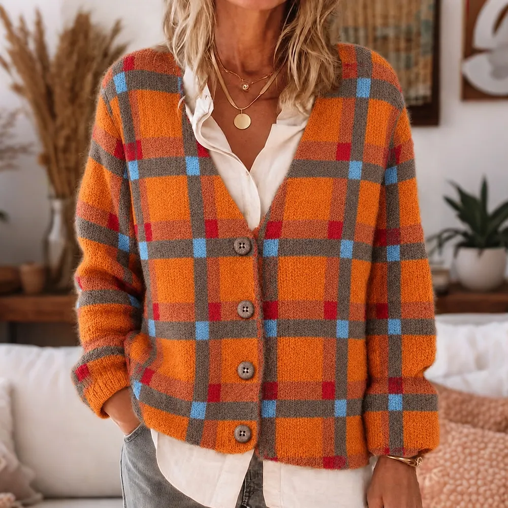Comstylish Women's Retro Fall Plaid Pattern Art Casual Knit Cardigan