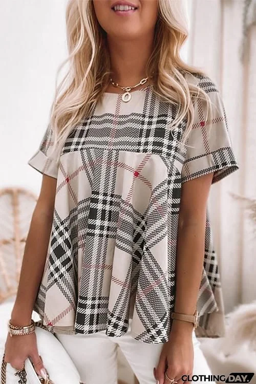 Plaid Short Sleeve Loose T Shirt