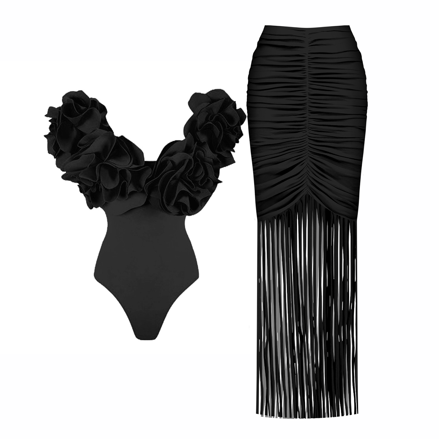 Ballifyex 2025 2Pc High Quality Luxury Woman Swimsuit Flower Ruffle Solid Bathingsuit Push Up Swimwear Off Shoulder Summer Suits Beachwear