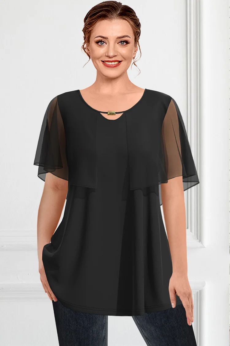 Flycurvy Plus Size Dressy Royal Black Chiffon Flutter Sleeve Double Layer Cut Out Layered Blouse  Flycurvy [product_label]