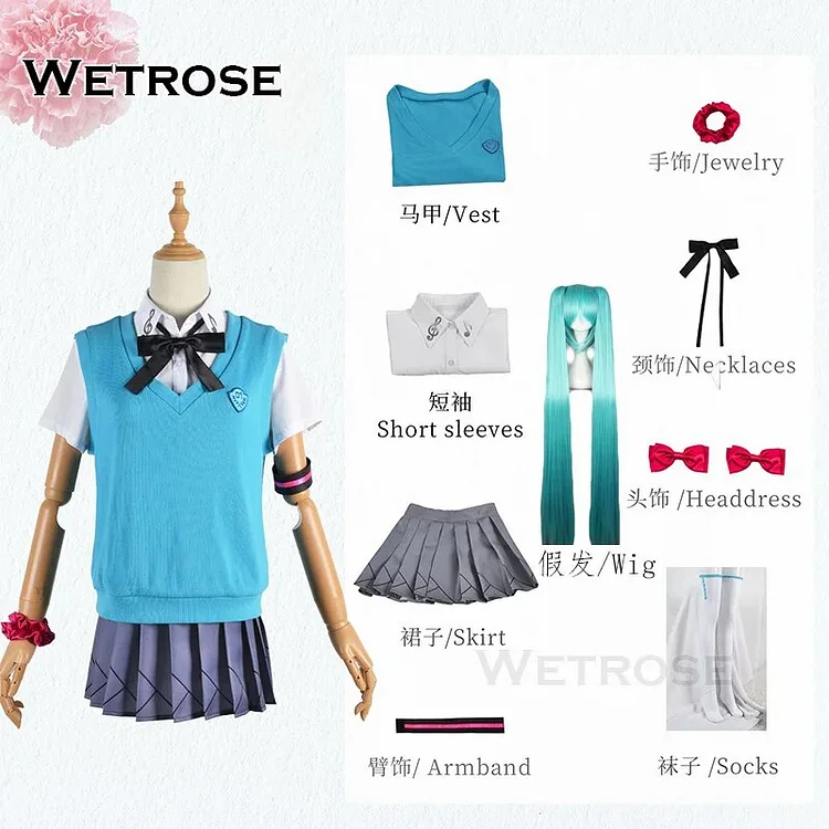 【Wetrose】Miku 16th Anniversary Birthday Cosplay Costume Vocaloid Daily Outfit School Uniform JK Wig Full Set