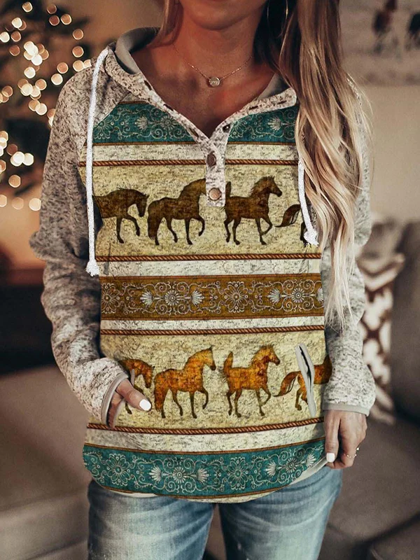 Vefave Western Horses Rug Inspired Button Up Hoodie