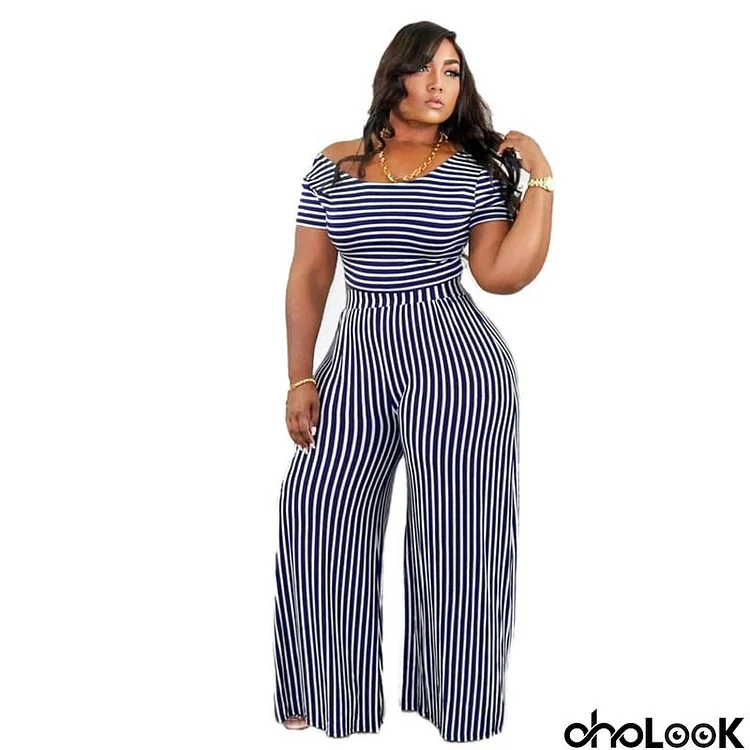 L-5XL Women Striped Plus Size Short Sleeve Top And Pants Stripe Pinting Two-Piece Set