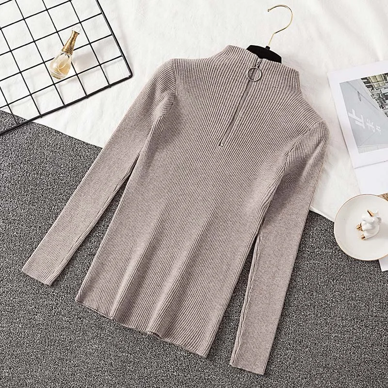 Pullover Women 2020 Fashion Zipper Turtleneck Knitted Sweater Casual Ribbed Knit Winter Tops Woman Sweaters Pullovers Knitwear