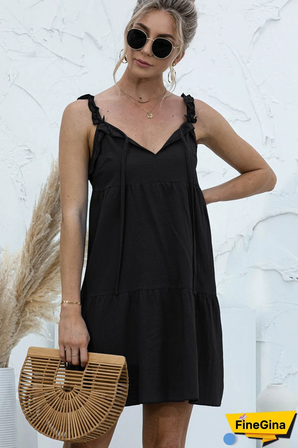 Fashion Solid Color V Neck Casual Mini Dress