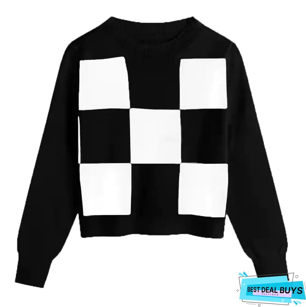 Chessboard Plaid Half High Neck Sweater