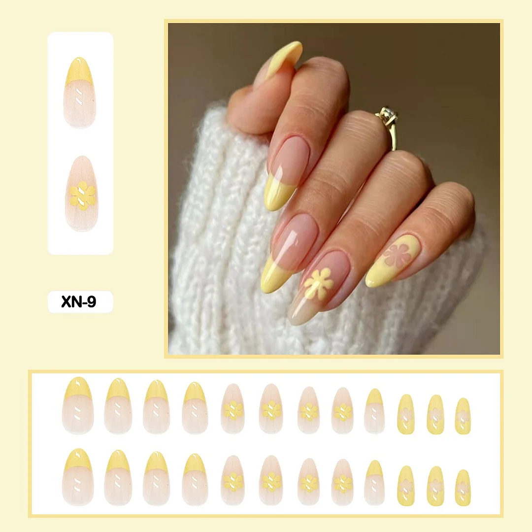 24pcs Fresh Lovely Pink Purple Blue Summer Flower Water Drop Shaped Fake Nails With Glue Wearable False Nails With Wearing Tools-Nail Inspo