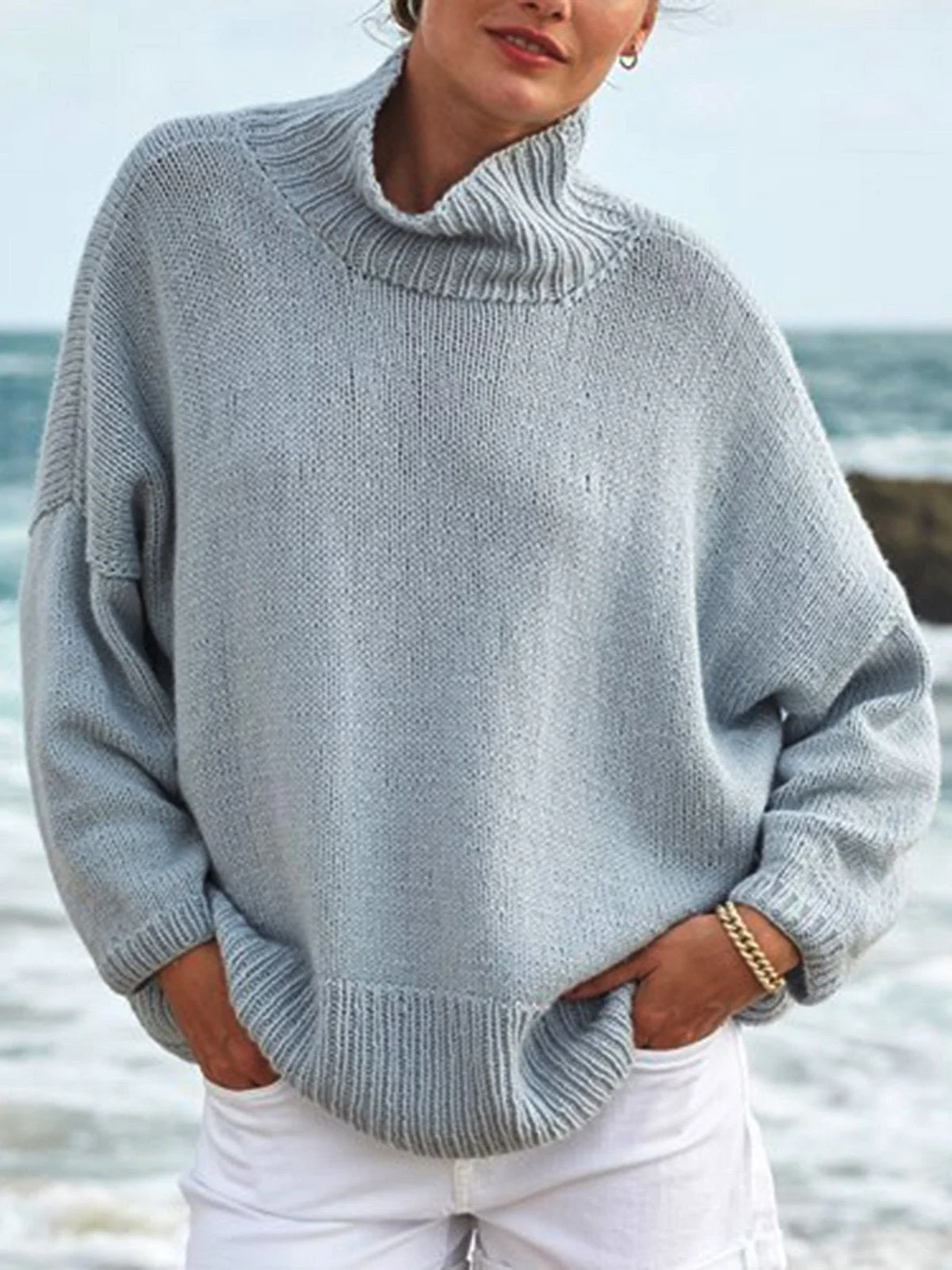 Lightblue Plain Cotton-Blend Casual Sweater | EGEMISS
