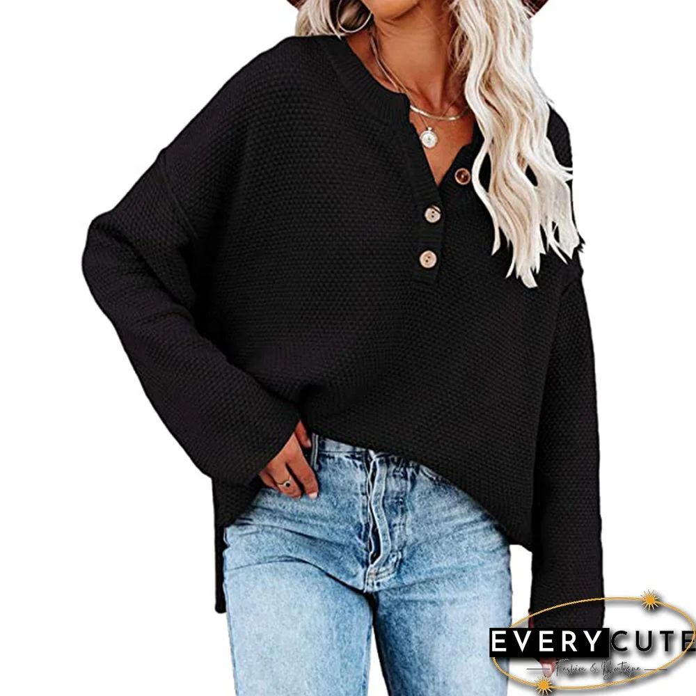 Black Button-up Split Pullover Knit Sweater