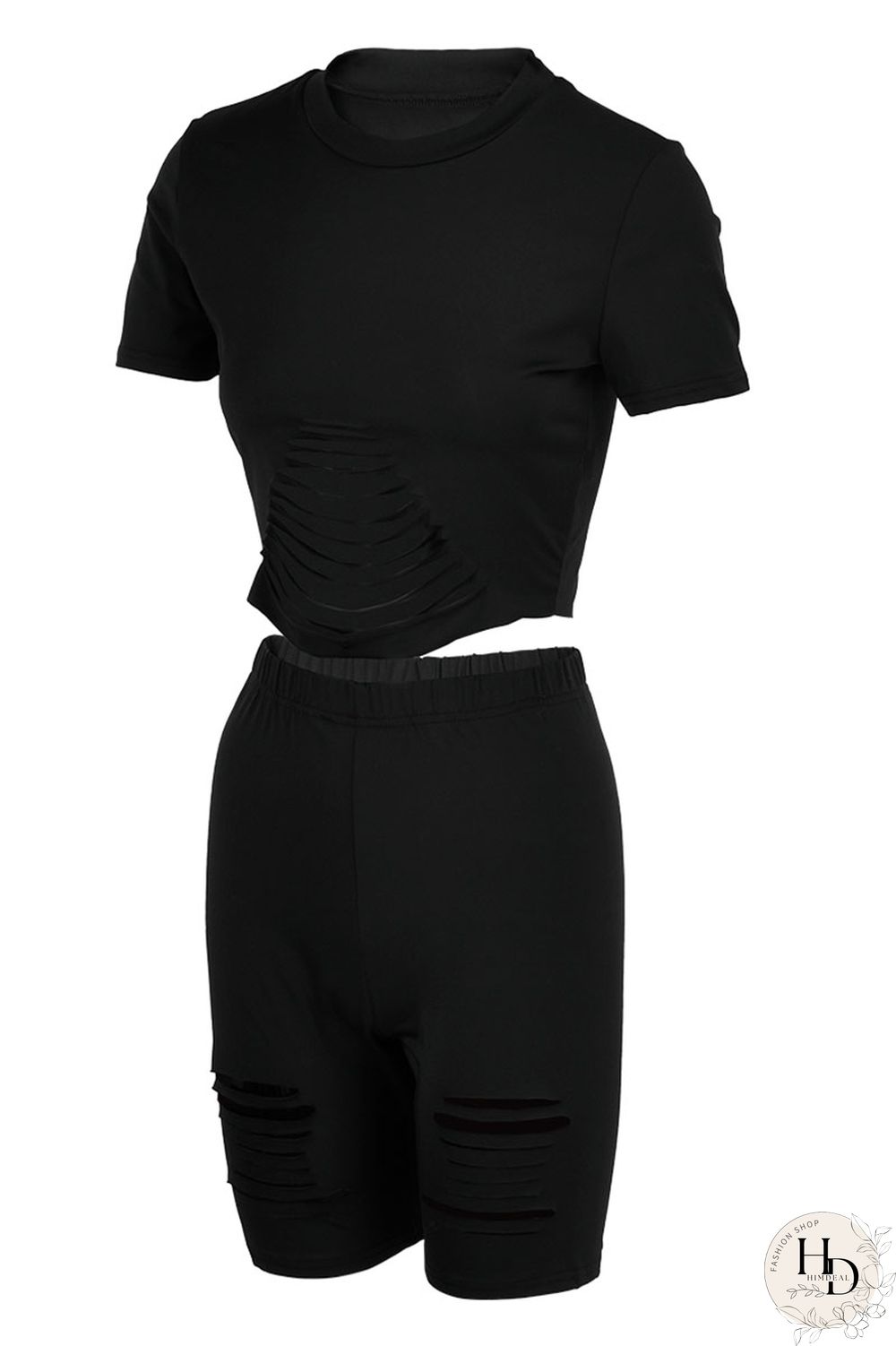Black Sexy Solid Hollowed Out Split Joint O Neck Short Sleeve Two Pieces
