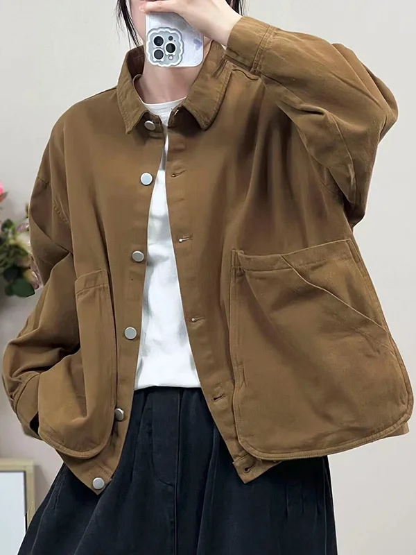 Split-Joint Pockets Buttoned Loose Long Sleeves Lapel Outerwear