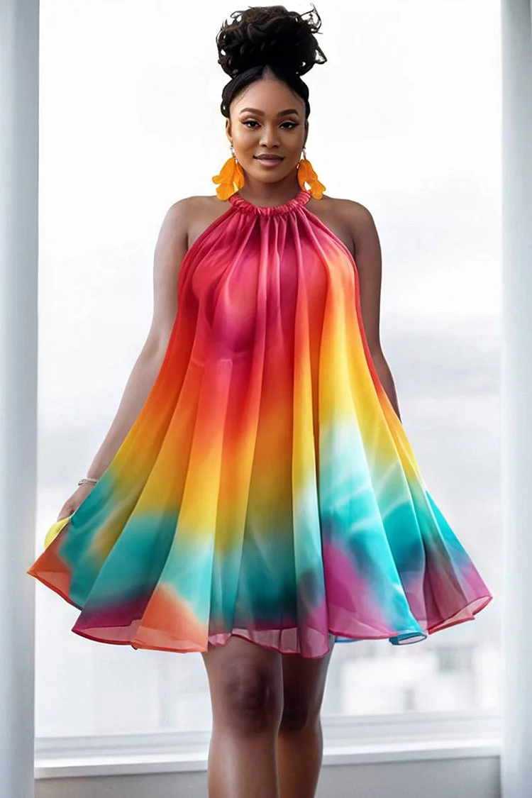 Xpluswear Design Plus Size Vacation Rainbow Halter Collar Sundress Organza Mini Dresses [Pre-Order] 2024 - Xpluswear