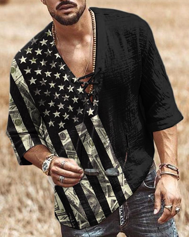 Fashion Black Flag Stitching Printed Cotton Linen Shirt