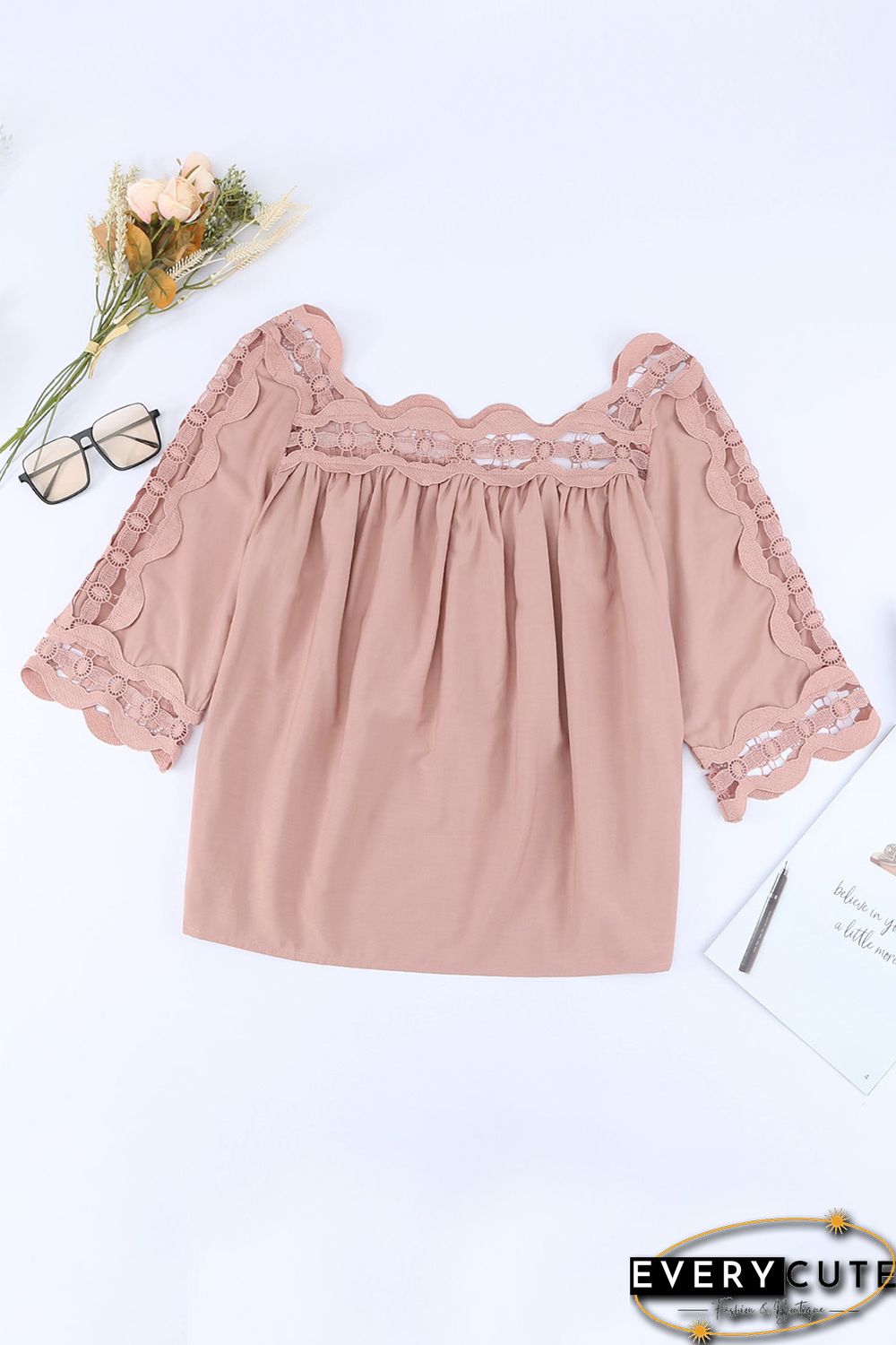 Pink Crochet Trim Hollow-out Blouse