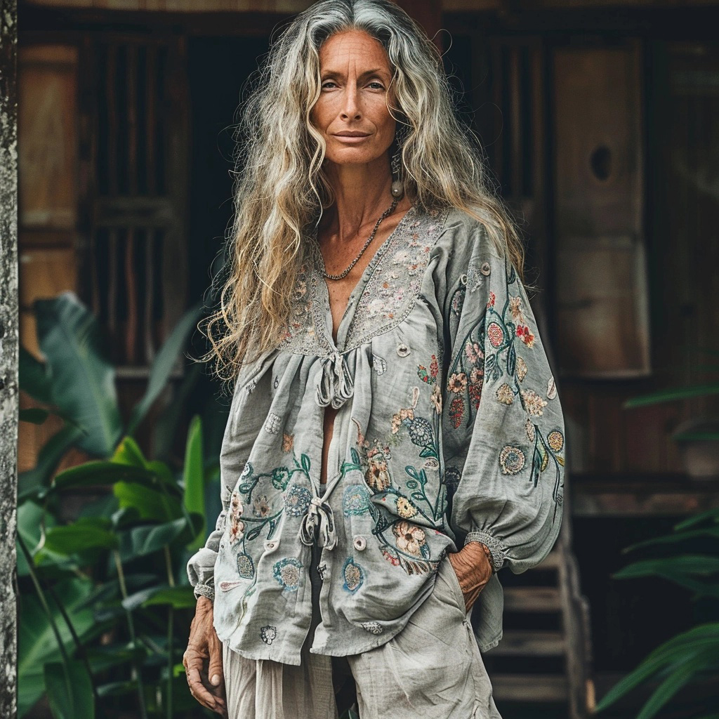 Women's Linen Bohemian V-neck Simple Casual Long-sleeved Shirt