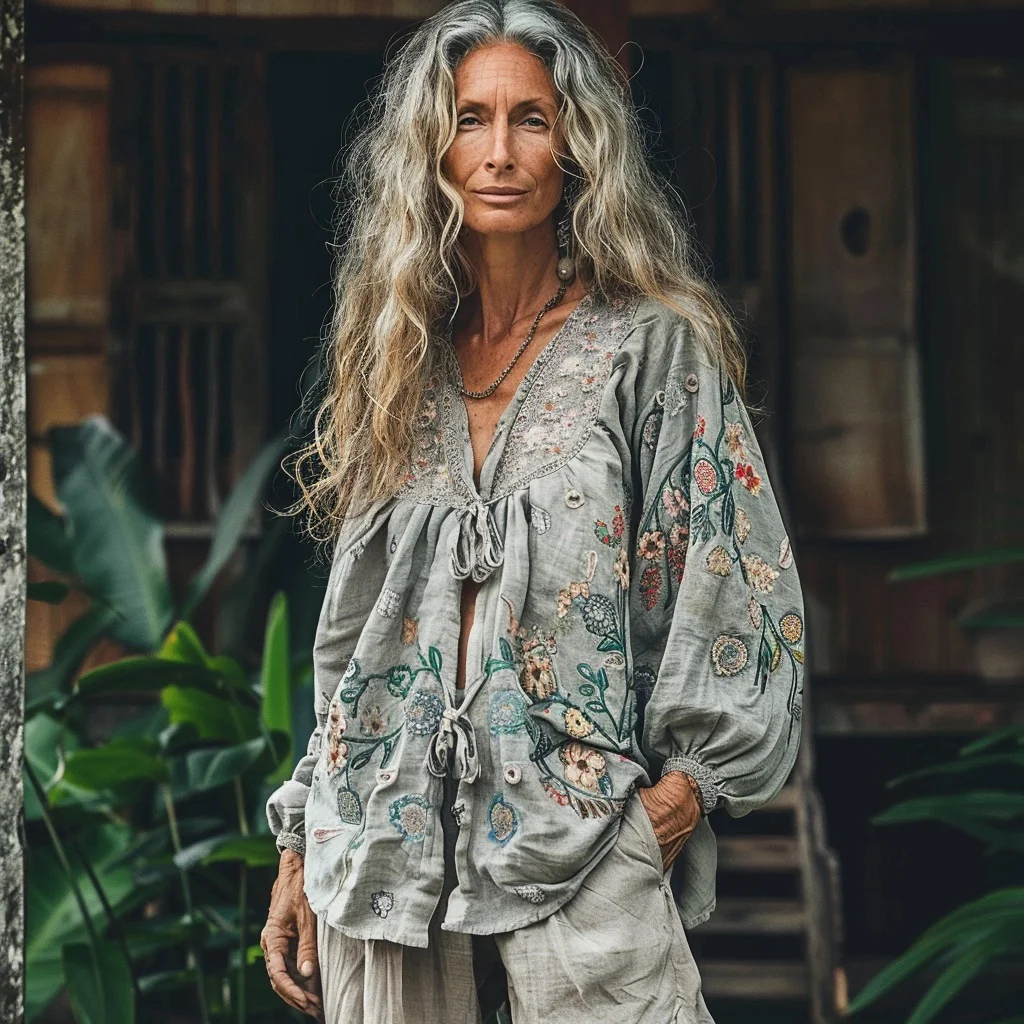 Women's Linen Bohemian V-neck Simple Casual Long-sleeved Shirt