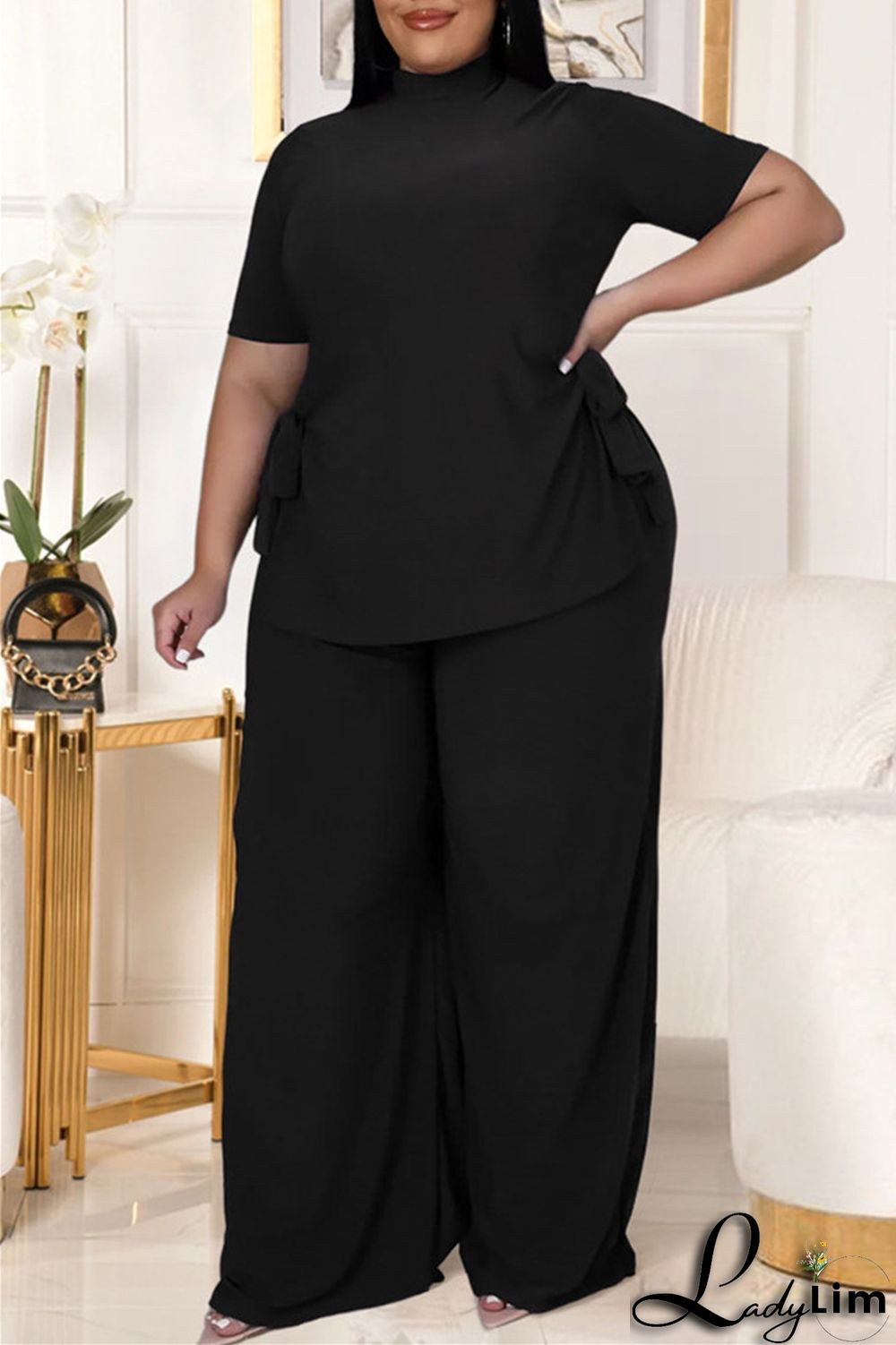 Black Fashion Casual Solid Bandage Slit Turtleneck Plus Size Two Pieces