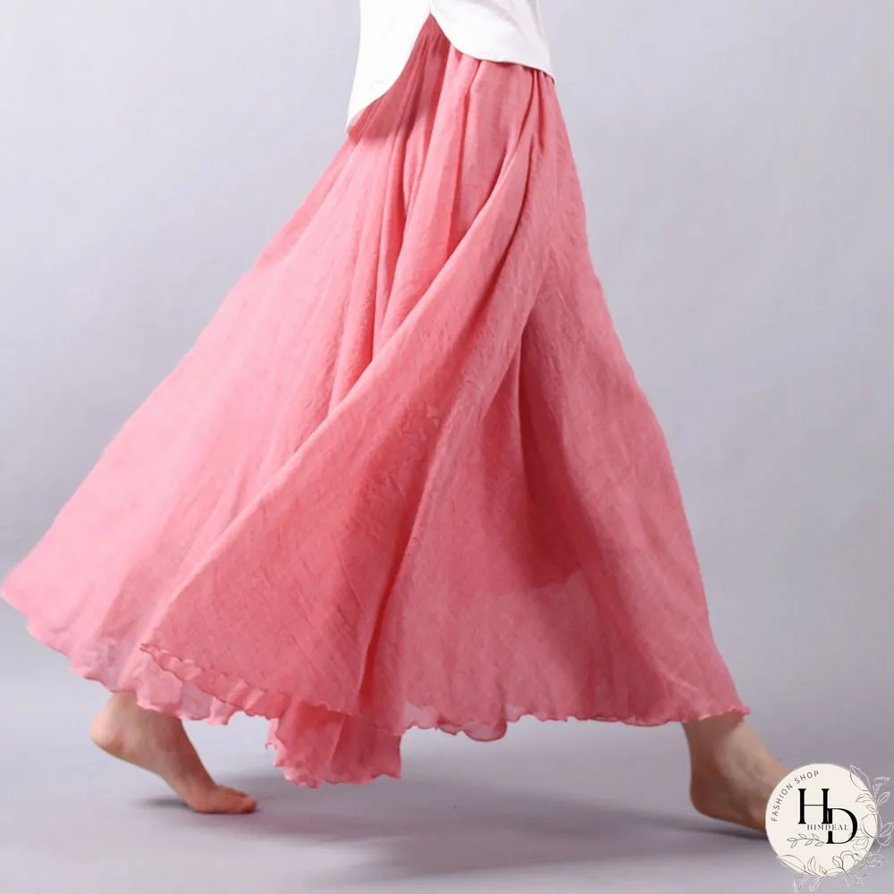 Womens Elegant High Waist Linen Maxi Skirt Summer Ladies Casual Elastic Layers Skirts Saia