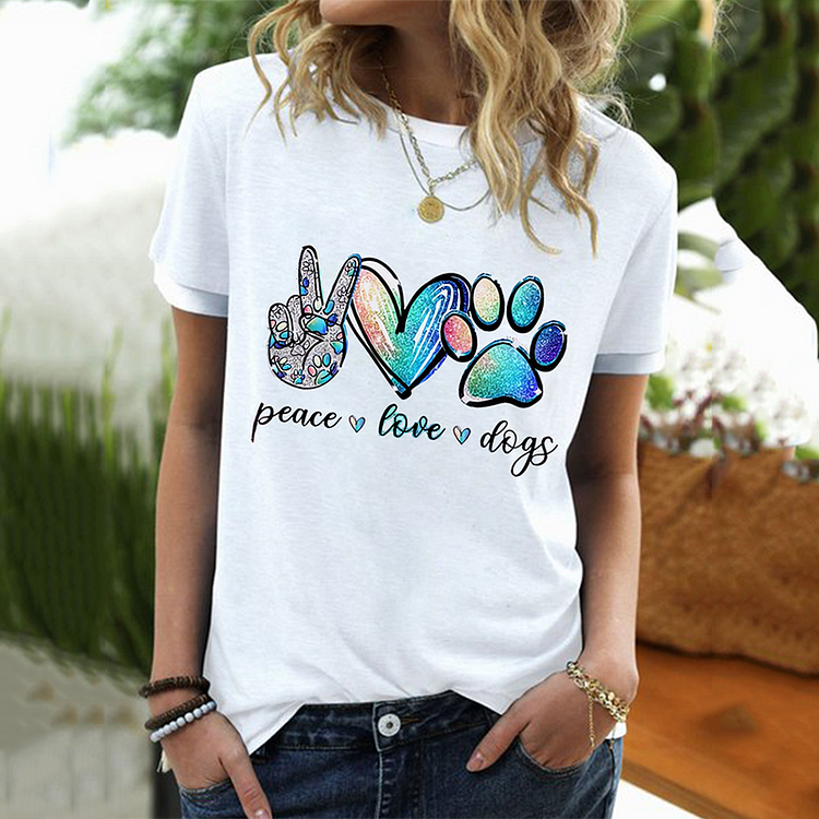 Comstylish Peace Love Dog Paws Print Round Neck Short Sleeved T-Shirt