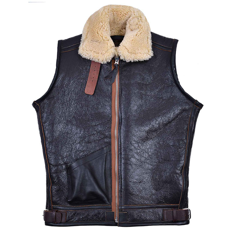 Men&rsquo;s Vintage Leather Aviator Vest &ndash; Insulated Shearling-Style Biker Waistcoat