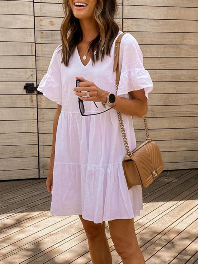 Solid V Neck Cotton-Blend Short Sleeve Casual Dresses Zaesvini