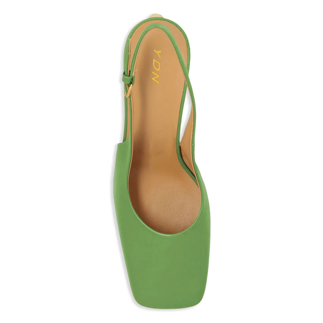 YDN Simple Green Square Toe Sculptural Heel Slingback Pumps