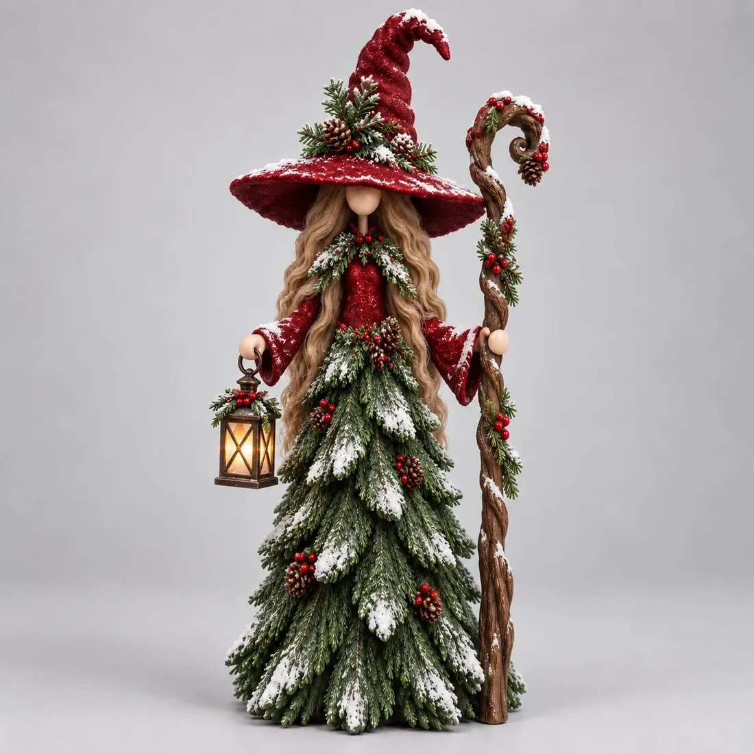 Lantern Keeper burgundy Christmas witch with warm lantern
