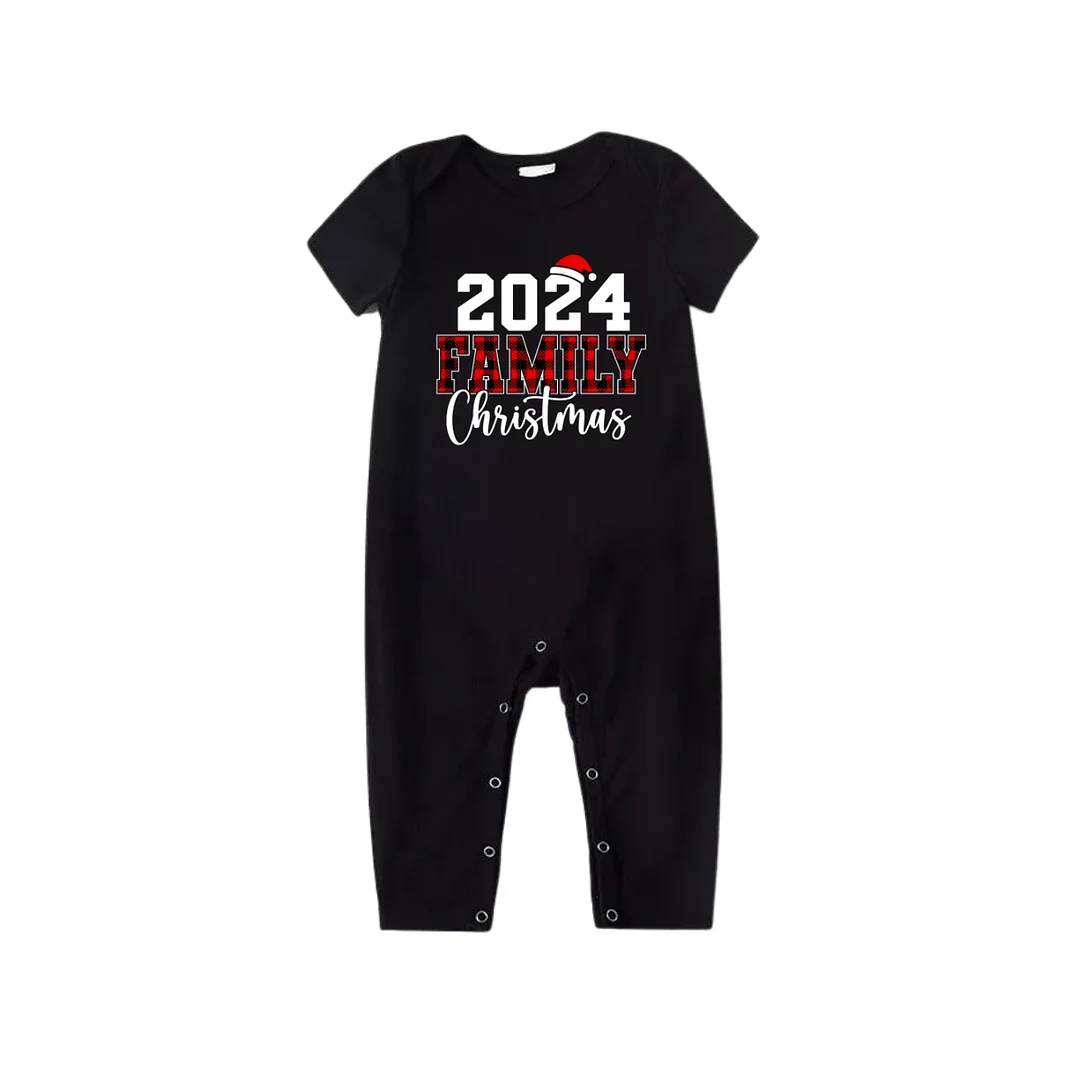 2024 Family Christmas Text Print Black Short Sleeve with Red & Black Plaid Pant Family Matching Pajamas