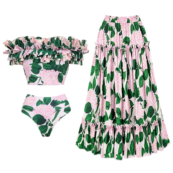 Bandeau Ruffle Floral Print Bikini Swimsuit and Skirt