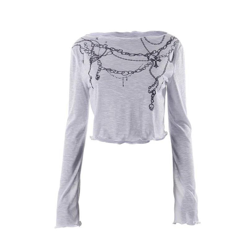 Uveng Spring And Summer 2024 New Word-Collar Fashion Prints Long-Sleeved Wave Wave Wave Wave Top Lady