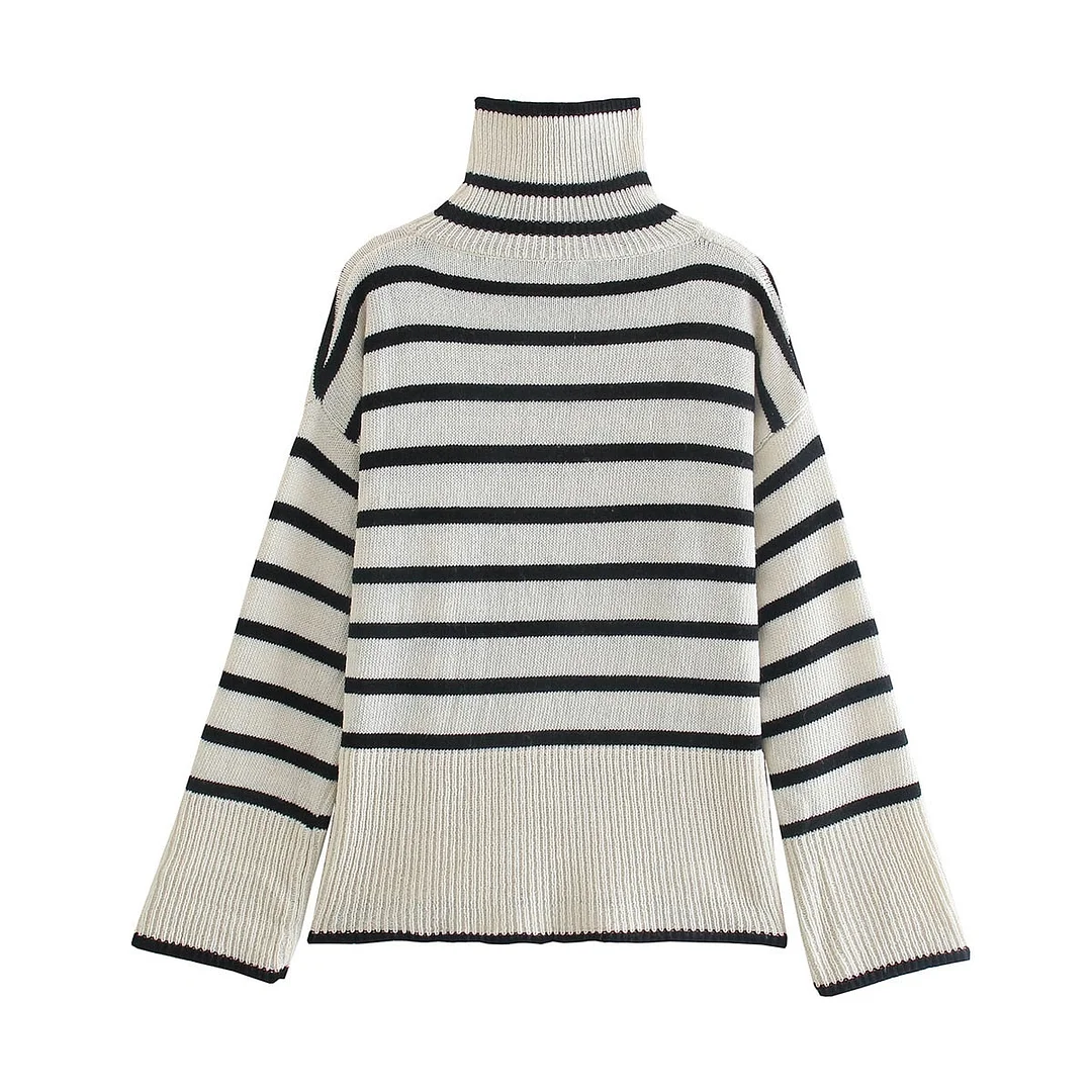 Willshela Women Fashion Chic Striped Oversized Knit Sweater Top Long Sleeves High Neck Casual Woman Knitted Sweaters Pullover