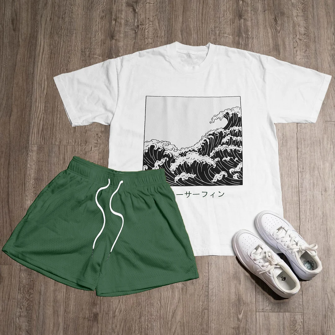 Waves Print T-Shirt Shorts Two-Piece Set