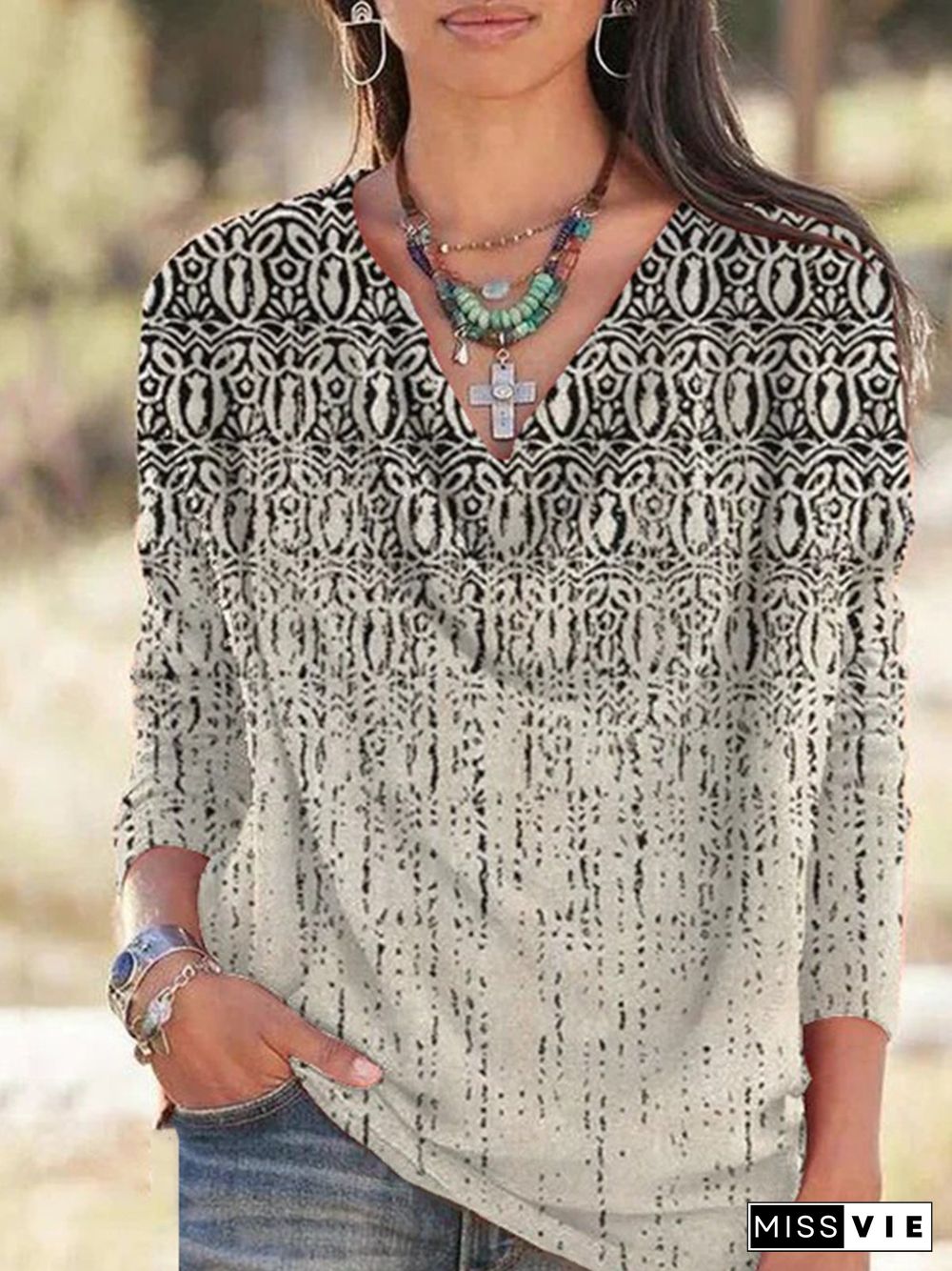 Casual Abstract V Neck Loose Long Sleeve T-Shirt