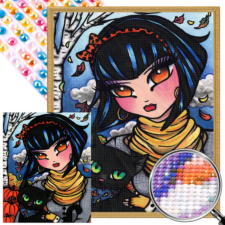 Girl In The Snow And Black Cat 40*50CM (Canvas) Full Round Drill Diamond Painting gbfke