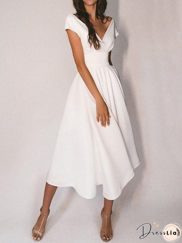 Women's Dress - Semi Formal Party Dress Casual Dress Swing Dress White Dress Midi Dress White Short Sleeve Pure Color Backless Winter Fall Spring V Neck Elegant Dress Vacation Summer Dress S M L XL XXL