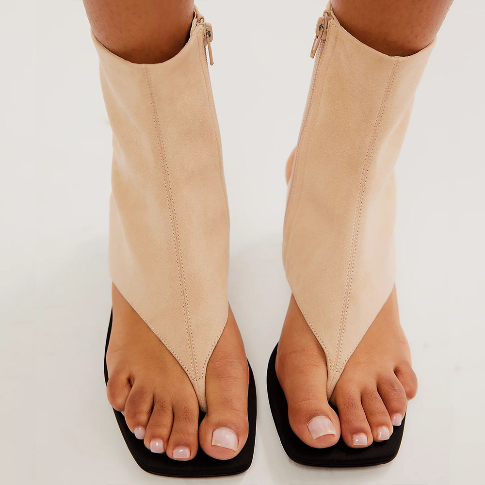 Beige Open Square Toe Kitten Heel Side-Zip Summer Ankle Boots Nicepairs