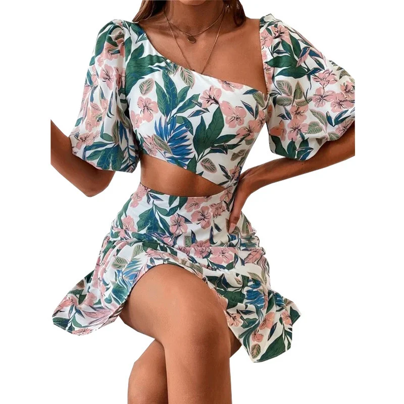 Summer Women's Large Size Floral Short Sleeve Two-Piece Suit Dress