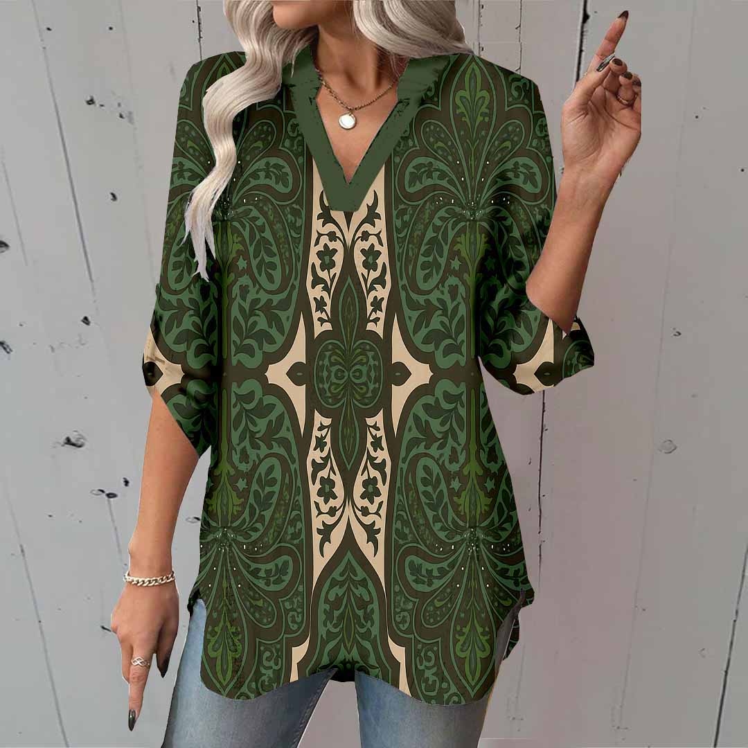 Women Tropical, Green, Khaki DZGA0152 3/4 Sleeve V-neck Printed Graphic Button Tops