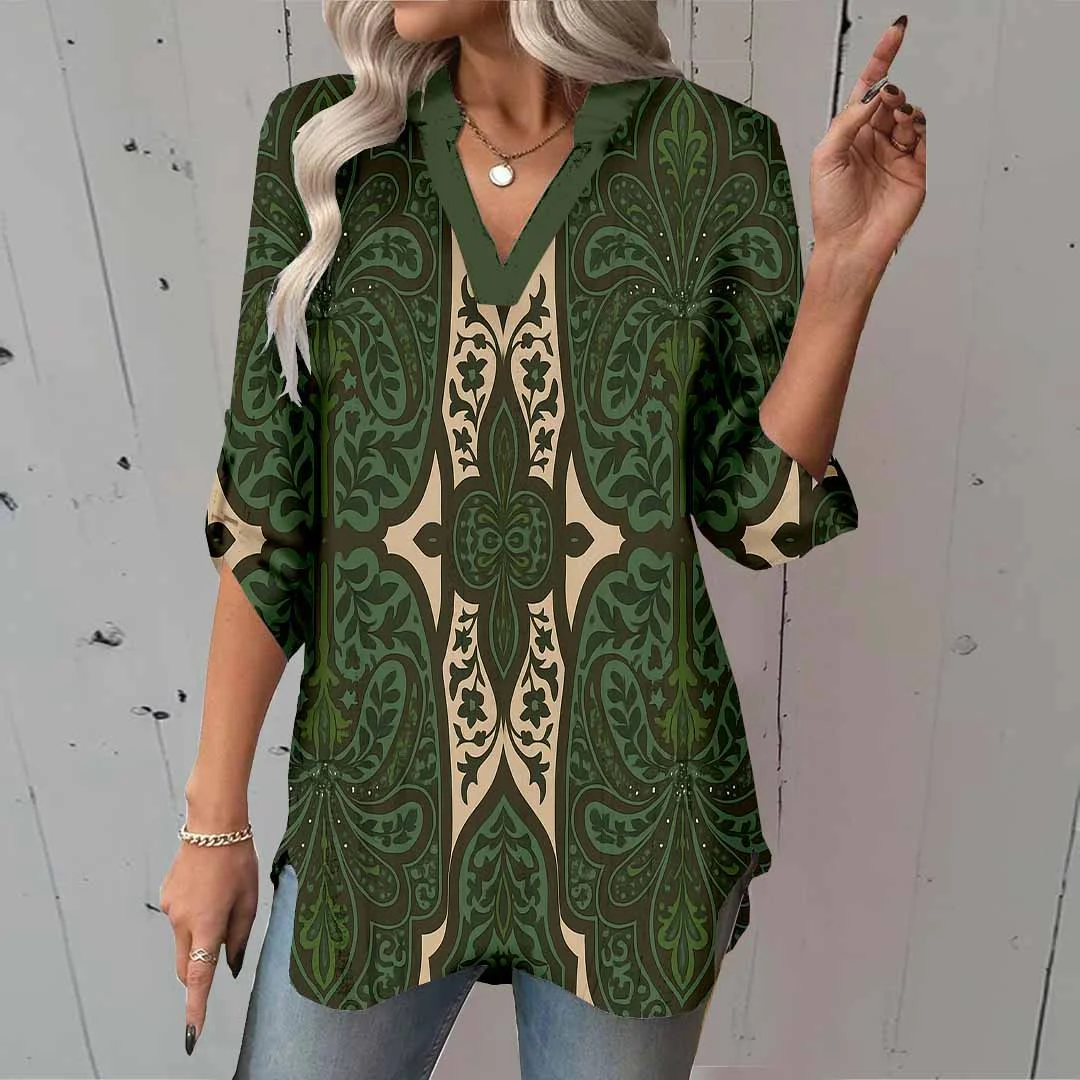 Women Tropical, Green, Khaki DZGA0152 3/4 Sleeve V-neck Printed Graphic Button Tops