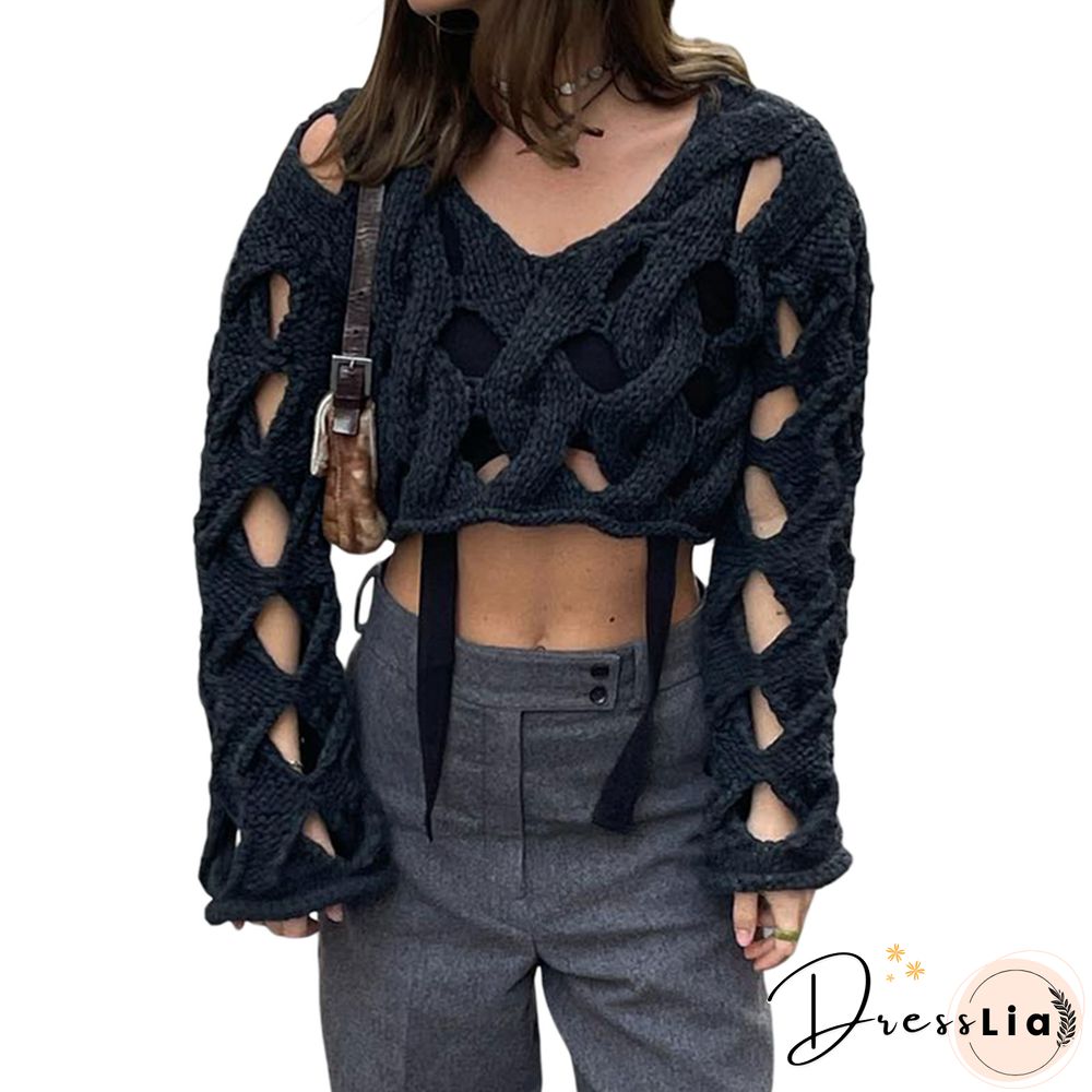 Hollow Out Sweater Y2k Aesthetic Women Long Sleeve Tops Grunge Aesthetic Clothes E Girl Pullovers Basic Clothing