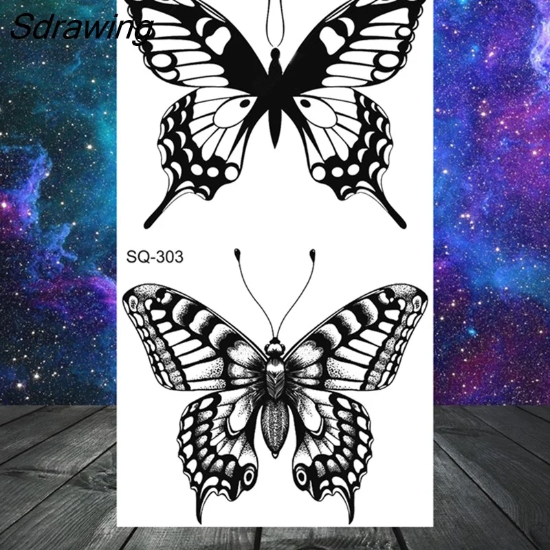 Sdrawing Butterfly Anchor Lion Wolf Temporary Tattoos For Women Men Skeleton Whale Elephant Fake Tattoo Neck Arm Hands Small Tatoo