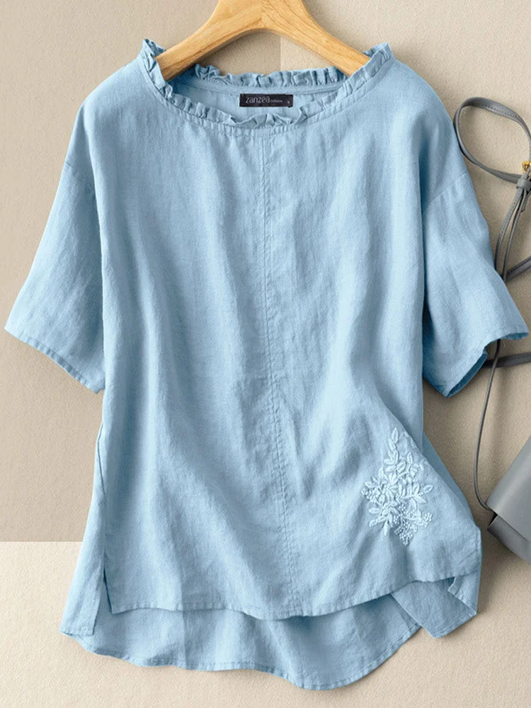 Round Neck Casual Loose Embroidered Short Sleeve Blouse